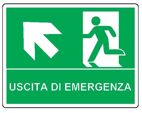 Cartello bifacciale in All. 210x160 mm USCITA DI EMERGENZA CON FRECCIA IN ALTO A SX