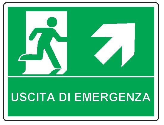 Cartello bifacciale in All. 325x245 mm USCITA DI EMERGENZA CON FRECCIA IN ALTO A DX