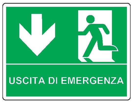 Cartello bifacciale in All. 325x245 mm USCITA DI EMERGENZA CON FRECCIA VERSO IL BASSO