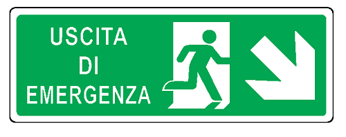 Cartello bifacciale in All. 350x125 mm USCITA DI EMERGENZA CON FRECCIA IN BASSO A DX