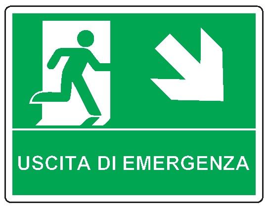 Cartello bifacciale sospeso in All. 210x160 mm USCITA DI EMERGENZA CON FRECCIA IN BASSO A DX
