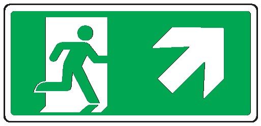 Cartello bifacciale sospeso in All. 220x125 mm USCITA DI EMERGENZA CON FRECCIA IN ALTO A DX