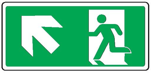 Cartello bifacciale sospeso in All. 220x125 mm USCITA DI EMERGENZA CON FRECCIA IN ALTO A SX