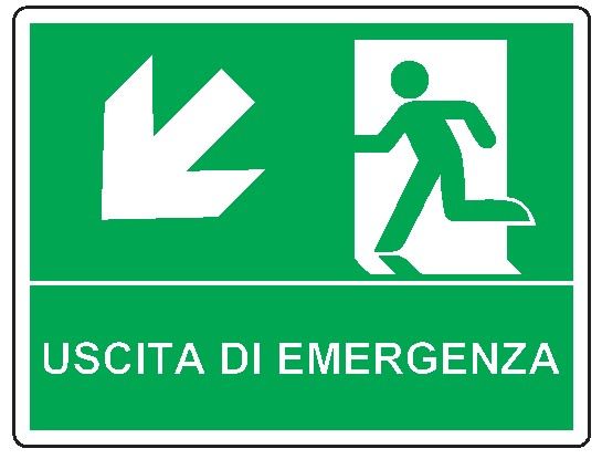Cartello bifacciale sospeso in All. 325x245 mm USCITA DI EMERGENZA CON FRECCIA IN BASSO A SX