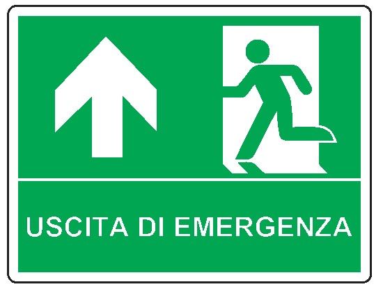 Cartello bifacciale sospeso in All. 325x245 mm USCITA DI EMERGENZA CON FRECCIA VERSO L'ALTO