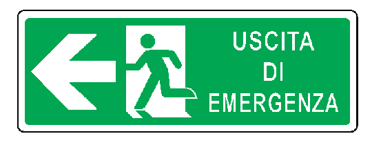 Cartello bifacciale sospeso in All. 350x125 mm USCITA DI EMERGENZA A SX CON FRECCIA