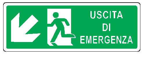 Cartello bifacciale sospeso in All. 350x125 mm USCITA DI EMERGENZA CON FRECCIA IN BASSO A SX