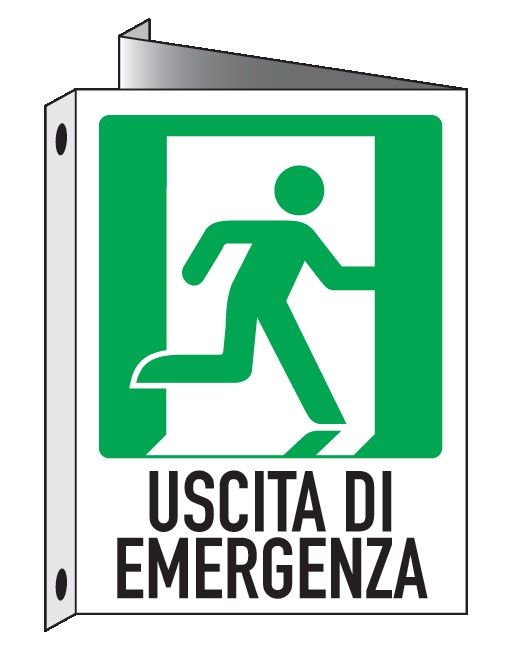 Cartello bifacciale Triangolato in All. 110x140 mm USCITA DI EMERGENZA A DX