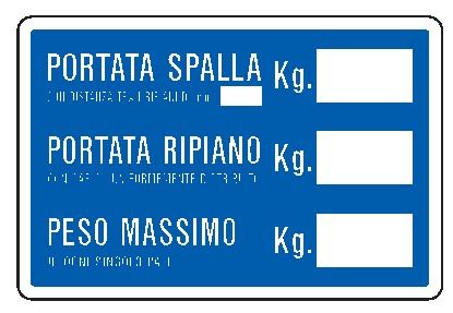 Cartello in All. 300x200 mm PORTATA SPALLA KG. PORTATA RIPIANO KG.PESO MASSIMO KG