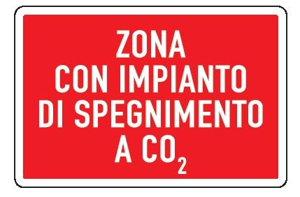 Cartello in All. 300x200 mm ZONA CON IMPIANTO DI SPEGNIMENTO A CO2 (FONDO ROSSO)