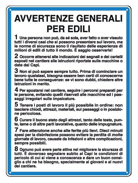 Cartello in All. 330x470 mm AVVERTENZE GENERALI PER EDILI
