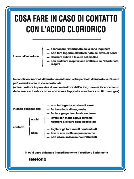Cartello in All. 330x470 mm COSA FARE IN CASO DI CONTATTO CON L'ACIDO CLORIDRICO