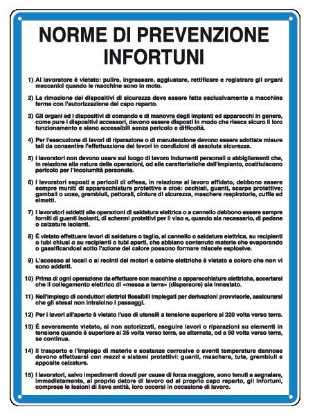 Cartello in All. 330x470 mm NORME DI PREVENZIONE INFORTUNI