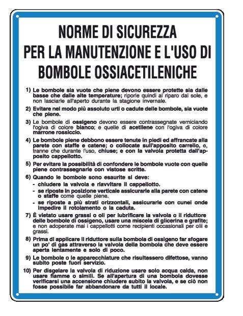 Cartello in All. 330x470 mm NORME DI SICUREZZA PER LA MANUTENZIONE E L'USO DI BAMBOLE OSSIACETILENICHE