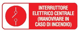 Cartello in All. 350x125 mm INTERRUTTORE ELETTRICO CENTRALE (MANOVRARE IN CASO DI INCENDIO) (FONDO ROSSO)