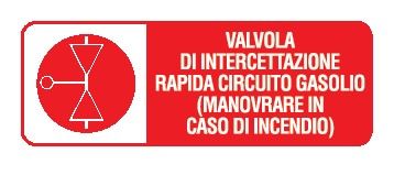 Cartello in All. 350x125 mm VALVOLA DI INTERCETTAZIONE RAPIDA CIRCUITO GASOLIO (MANOVRARE IN CASO DI INCENDIO) (FONDO ROSSO)