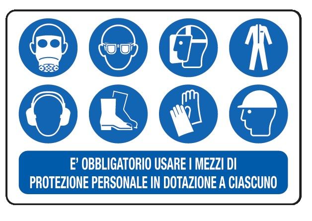 Cartello in All. 500x330 mm È OBBLIGATORIO USARE I MEZZI DI PROTEZIONE PERSONALE IN DOTAZIONE A CIASCUNO