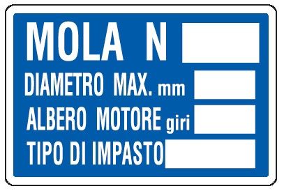 Cartello in All. 500x330 mm MOLA N° DIAMETRO MAX mm ALBERO MOTORE giri TIPO DI IMPASTO