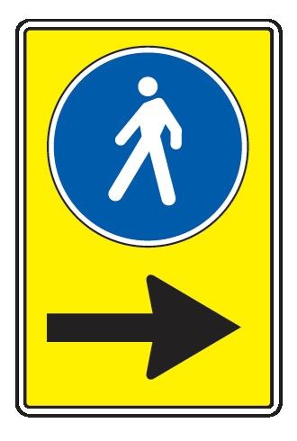 Cartello in All. Scatolato 250x450 mm OBBLIGO PEDONI A DX (FONDO GIALLO)