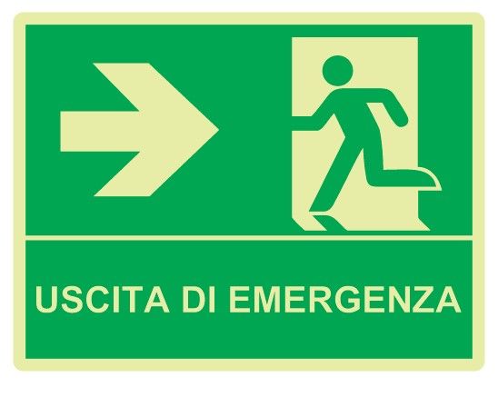 Cartello Luminescente bifacciale in All. 325x245 mm USCITA DI EMERGENZA A DX CON FRECCIA
