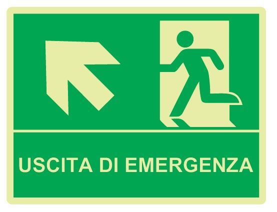 Cartello Luminescente bifacciale in All. 325x245 mm USCITA DI EMERGENZA CON FRECCIA IN ALTO A SX