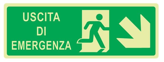 Cartello Luminescente bifacciale in All. 350x125 mm USCITA DI EMERGENZA CON FRECCIA IN BASSO A DX