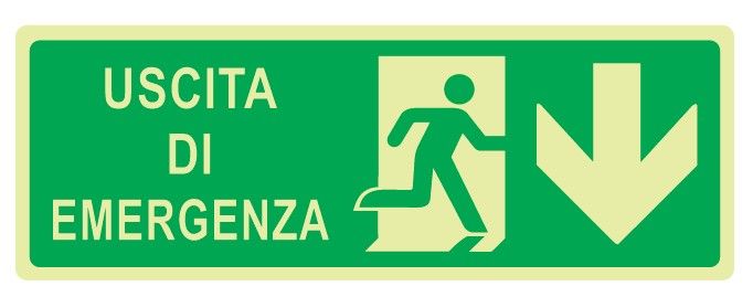 Cartello Luminescente bifacciale in All. 350x125 mm USCITA DI EMERGENZA CON FRECCIA VERSO IL BASSO