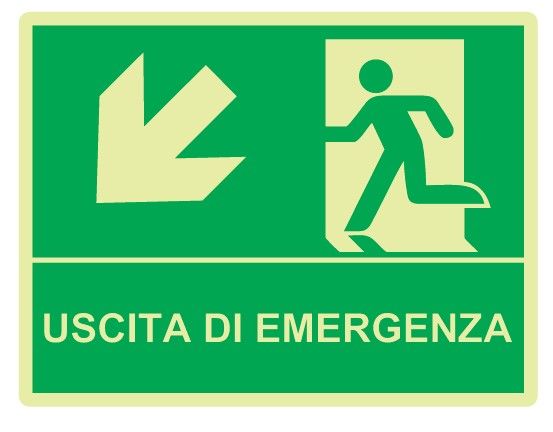 Cartello Luminescente bifacciale in All. 500x400 mm USCITA DI EMERGENZA CON FRECCIA IN BASSO A SX