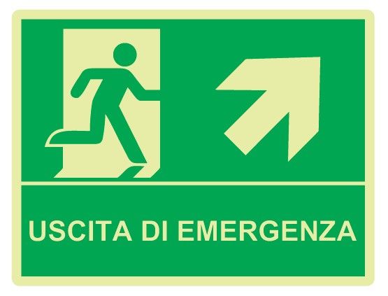 Cartello Luminescente bifacciale sospeso in All. 200x160 mm USCITA DI EMERGENZA CON FRECCIA IN ALTO A DX