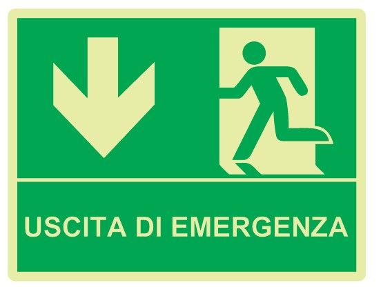 Cartello Luminescente bifacciale sospeso in All. 200x160 mm USCITA DI EMERGENZA CON FRECCIA VERSO IL BASSO