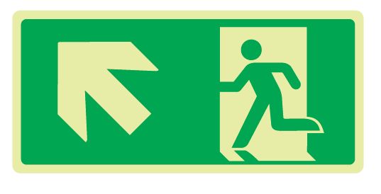 Cartello Luminescente bifacciale sospeso in All. 220x125 mm USCITA DI EMERGENZA CON FRECCIA IN ALTO A SX