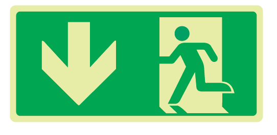 Cartello Luminescente bifacciale sospeso in All. 220x125 mm USCITA DI EMERGENZA CON FRECCIA VERSO IL BASSO