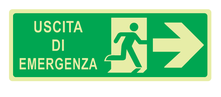 Cartello Luminescente bifacciale sospeso in All. 350x125 mm USCITA DI EMERGENZA A DX CON FRECCIA