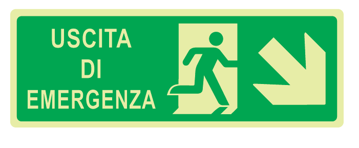 Cartello Luminescente bifacciale sospeso in All. 350x125 mm USCITA DI EMERGENZA CON FRECCIA IN BASSO A DX