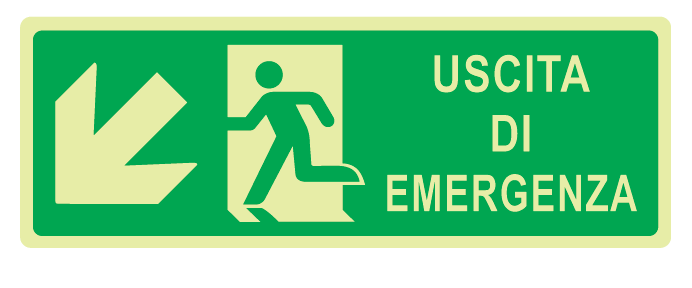 Cartello Luminescente bifacciale sospeso in All. 350x125 mm USCITA DI EMERGENZA CON FRECCIA IN BASSO A SX