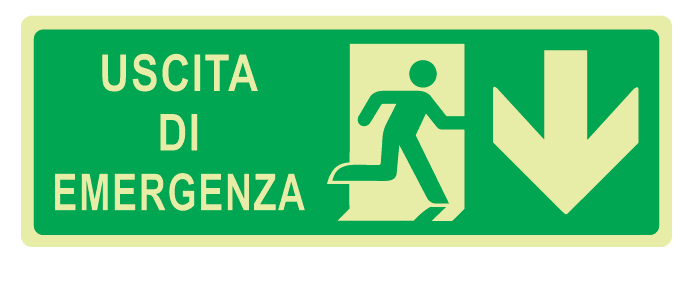 Cartello Luminescente bifacciale sospeso in All. 350x125 mm USCITA DI EMERGENZA CON FRECCIA VERSO IL BASSO