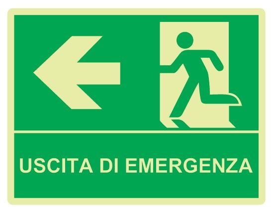 Cartello Luminescente bifacciale sospeso in All. 500x400 mm USCITA DI EMERGENZA A SX CON FRECCIA