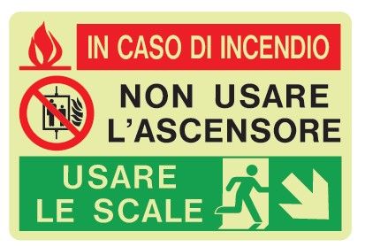 Cartello Luminescente in All. 300x200 mm IN CASO DI INCENDIO NON USARE L'ASCENSORE USARE LE SCALE (FRECCIA IN BASSO A DX)