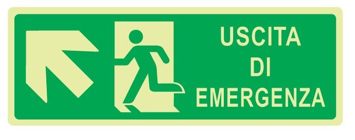 Cartello Luminescente in All. 350x125 mm USCITA DI EMERGENZA CON FRECCIA IN ALTO A SX