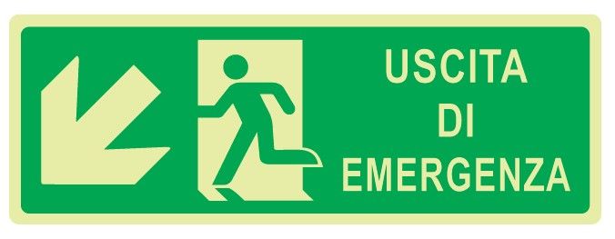Cartello Luminescente in All. 350x125 mm USCITA DI EMERGENZA CON FRECCIA IN BASSO A SX