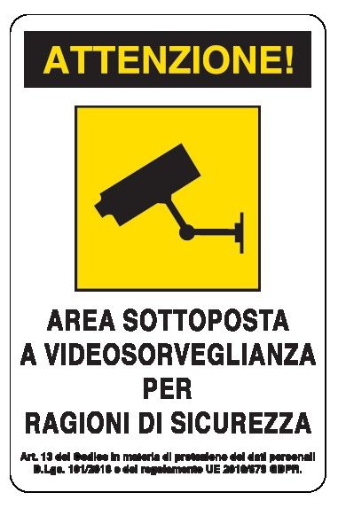 Etichetta in PVC adesivo 200x300 mm ATTENZIONE! AREA SOTTOPOSTA A VIDEOSORVEGLIANZA PER RAGIONI DI SICUREZZA